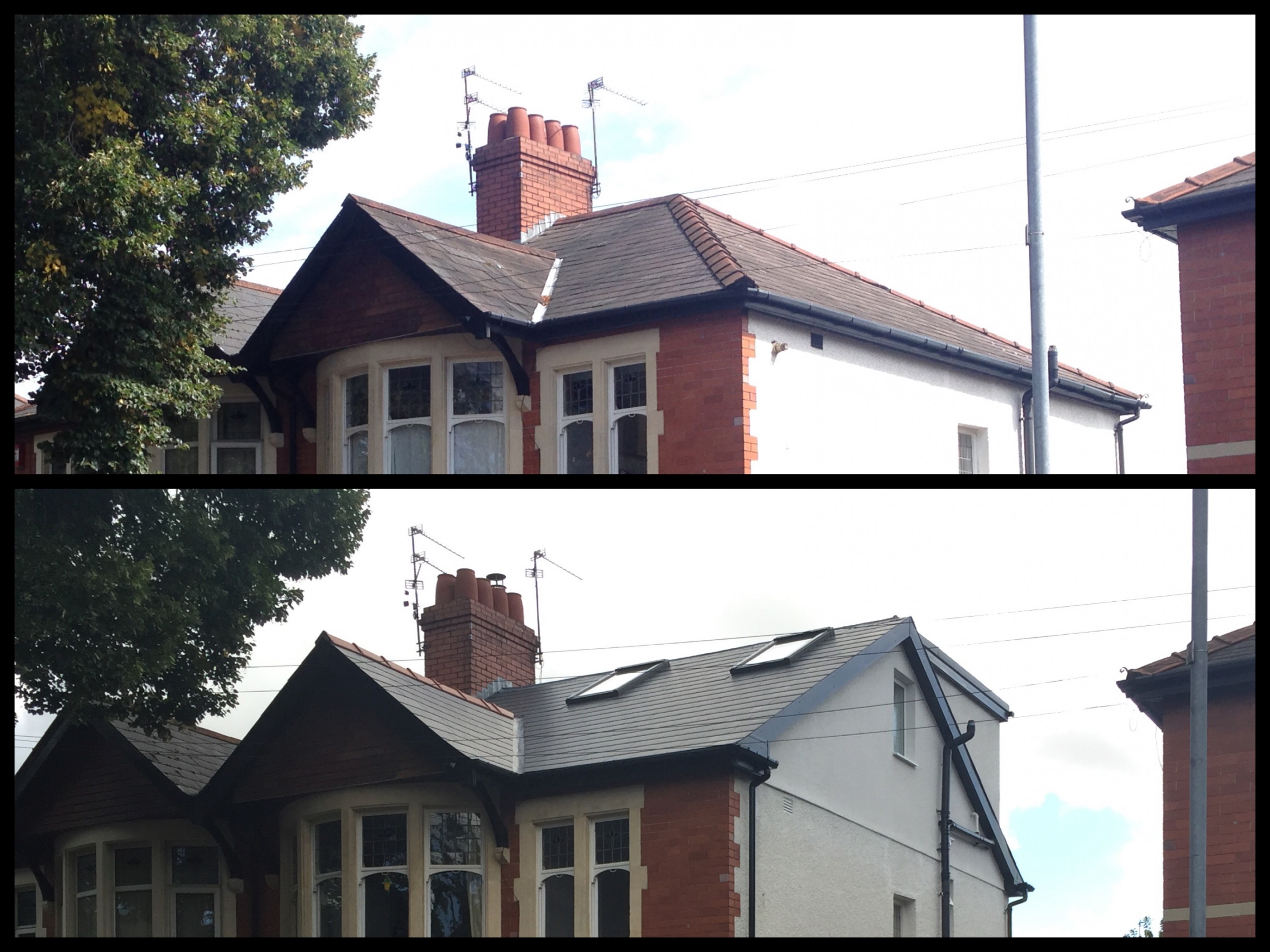 Roofline before and after showing hip to gable conversion, dormer, velux windows and new roof finish